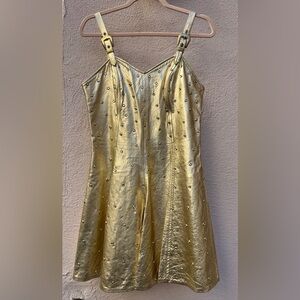 RARE L.A. Roxx Vintage Golden  Leather Mini Dress Studded Rhinestone 1980